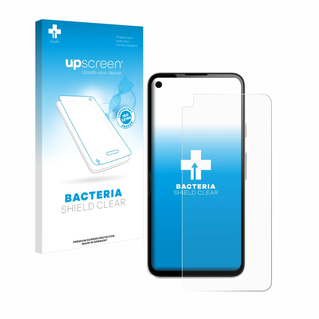 Parte frontal de un envase de producto con el logotipo de la marca upscreen. Al lado se muestra el dispositivo Google Pixel 4a