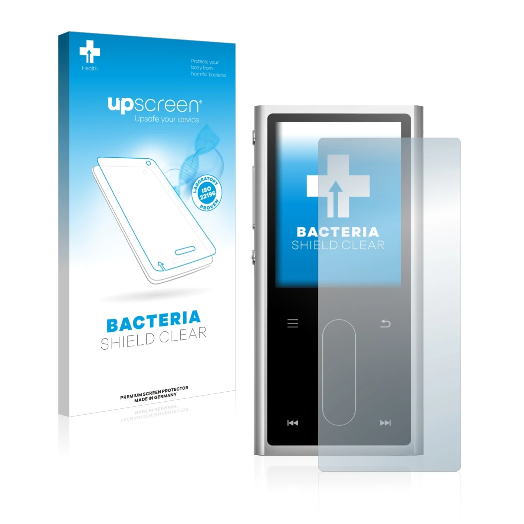 Parte frontal de un envase de producto con el logotipo de la marca upscreen. Al lado se muestra el dispositivo FiiO M3K con su