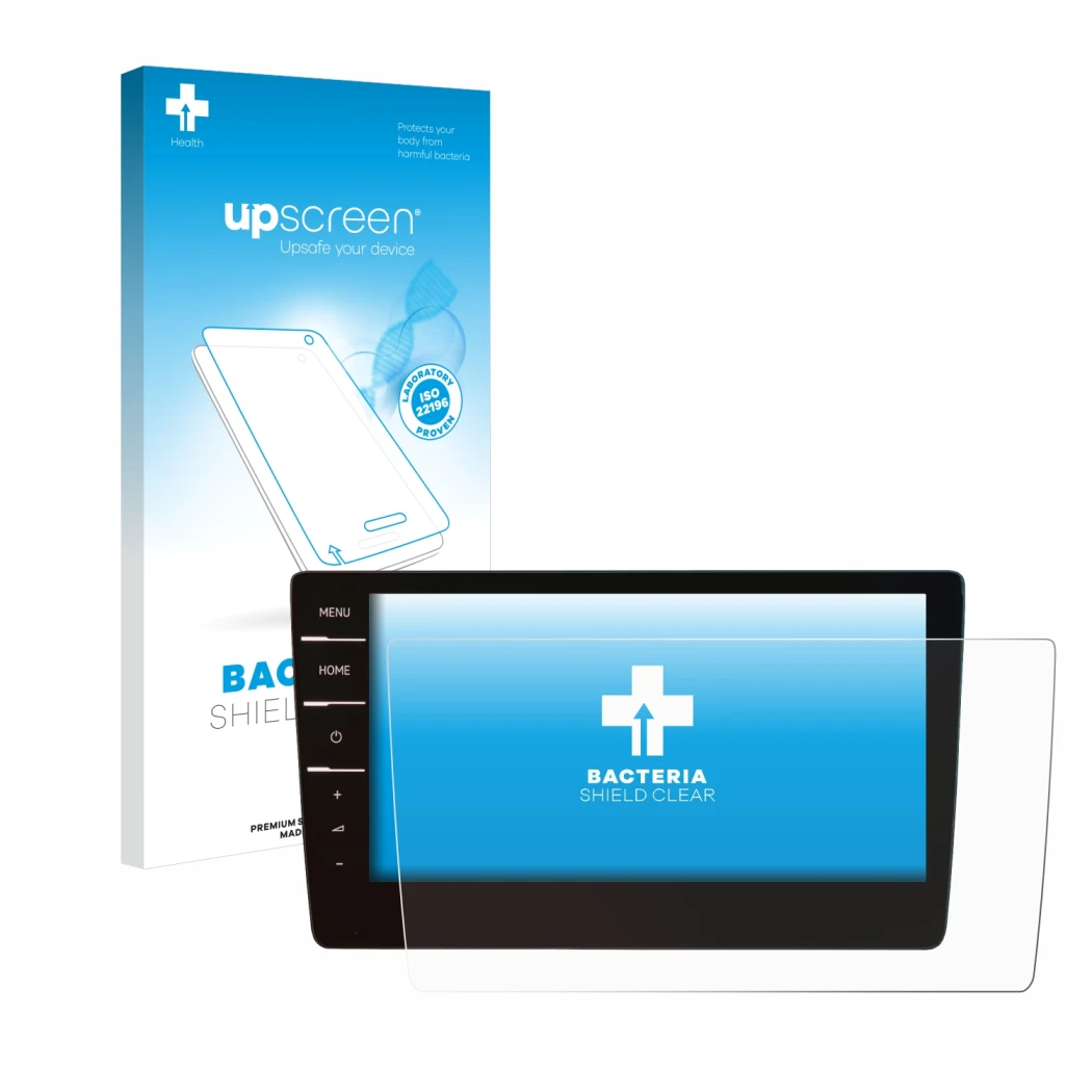 Parte frontal de un envase de producto con el logotipo de la marca upscreen. Al lado se muestra el dispositivo Volkswagen Arte