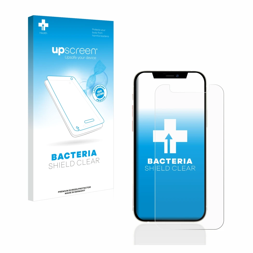 Parte frontal de un envase de producto con el logotipo de la marca upscreen. Al lado se muestra el dispositivo Apple iPhone 12