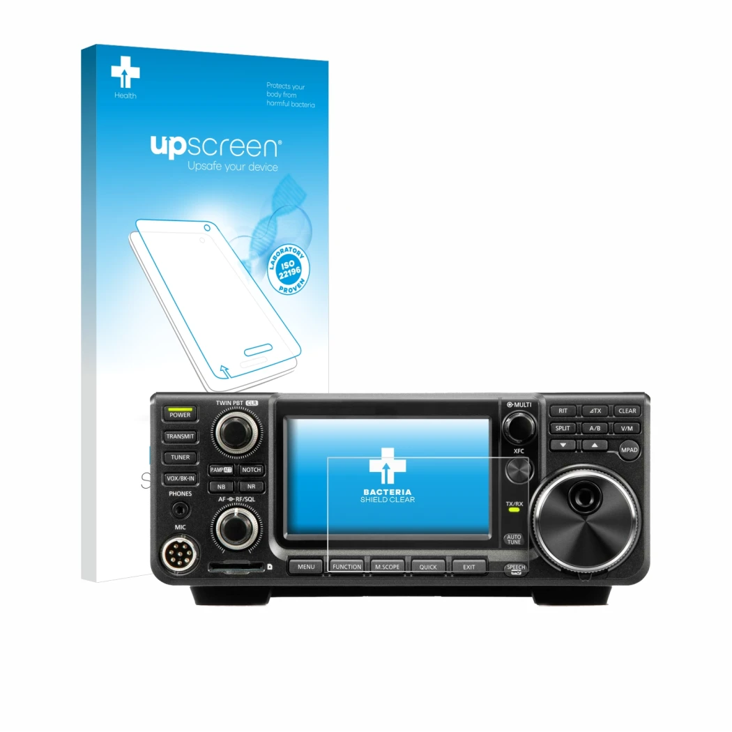 Parte frontal de un envase de producto con el logotipo de la marca upscreen. Al lado se muestra el dispositivo Icom IC-9700 co