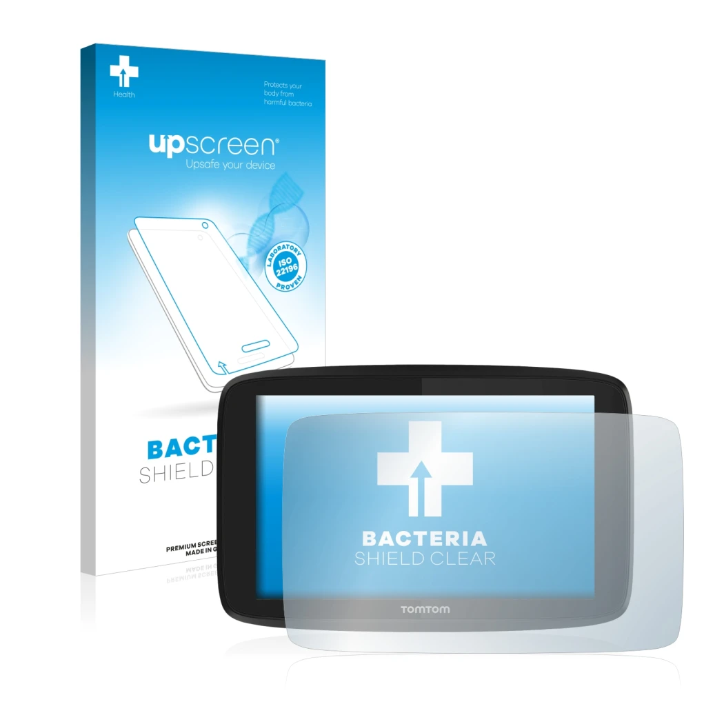 Parte frontal de un envase de producto con el logotipo de la marca upscreen. Al lado se muestra el dispositivo TomTom Go Profe