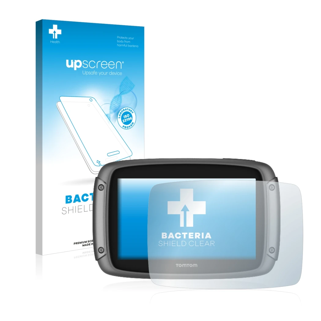 Parte frontal de un envase de producto con el logotipo de la marca upscreen. Al lado se muestra el dispositivo TomTom Rider 50