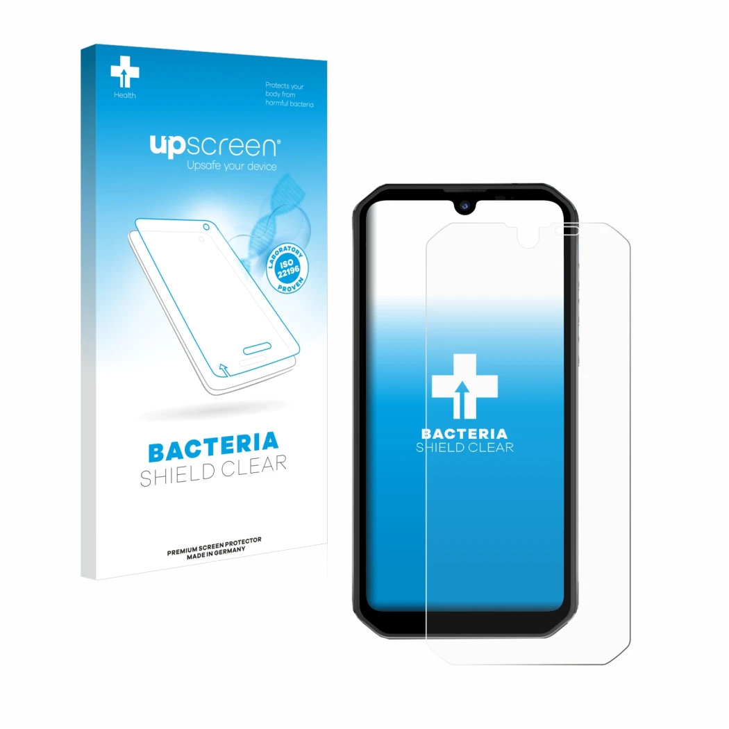 Parte frontal de un envase de producto con el logotipo de la marca upscreen. Al lado se muestra el dispositivo Blackview BV990