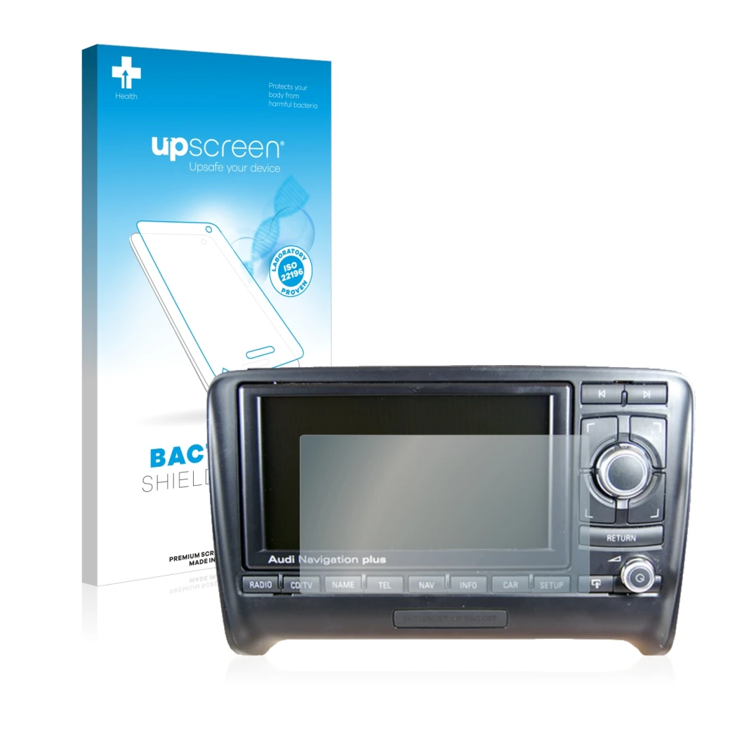 Parte frontal de un envase de producto con el logotipo de la marca upscreen. Al lado se muestra el dispositivo Audi A4 8E 2004