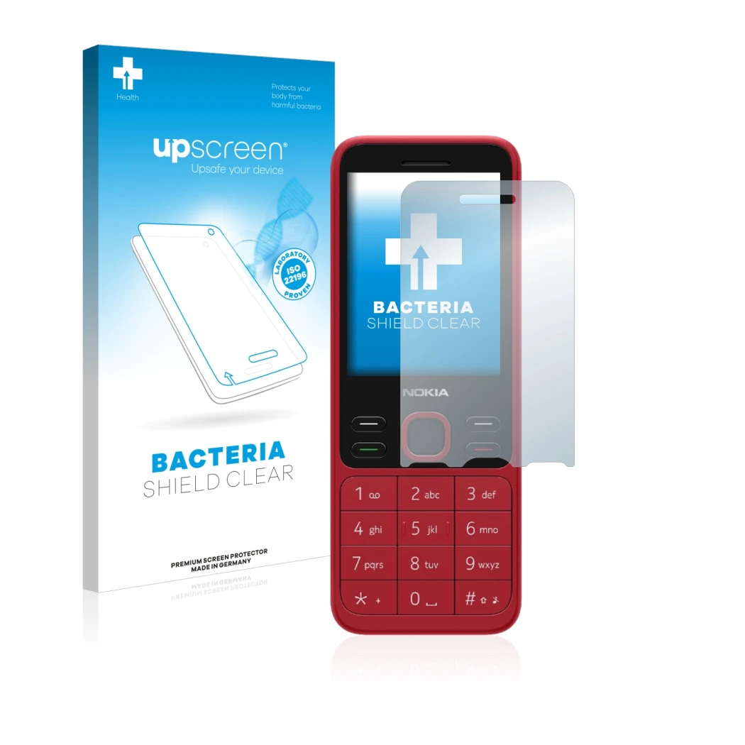 Parte frontal de un envase de producto con el logotipo de la marca upscreen. Al lado se muestra el dispositivo Nokia 150 2020 