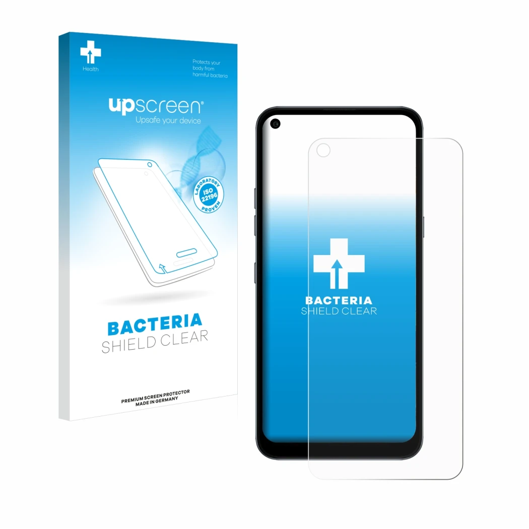 Parte frontal de un envase de producto con el logotipo de la marca upscreen. Al lado se muestra el dispositivo LG K61S con su 