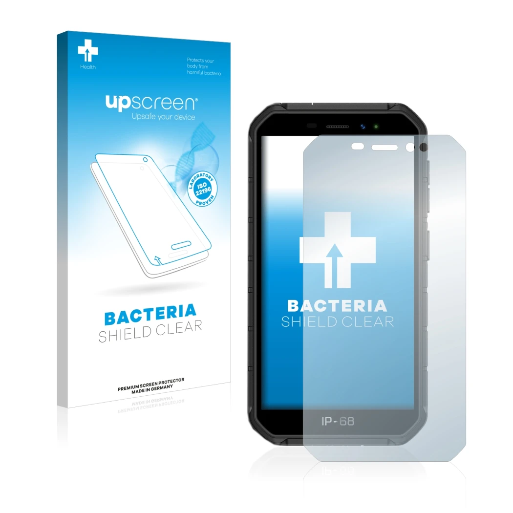 Parte frontal de un envase de producto con el logotipo de la marca upscreen. Al lado se muestra el dispositivo Ulefone Armor X