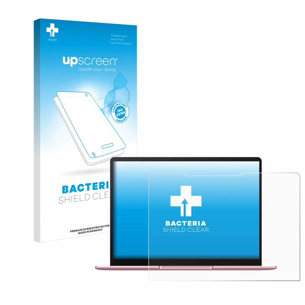 Parte frontal de un envase de producto con el logotipo de la marca upscreen. Al lado se muestra el dispositivo Huawei MateBook