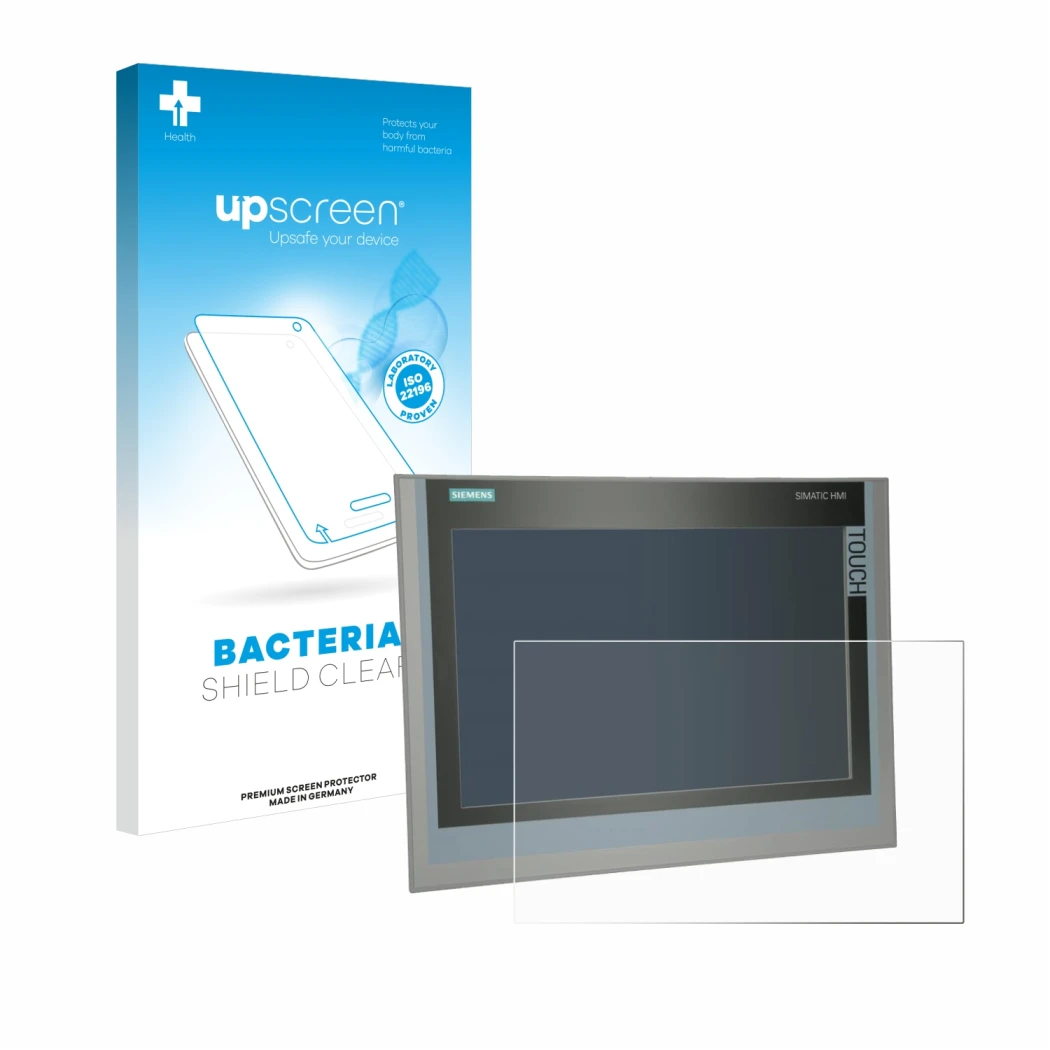 Parte frontal de un envase de producto con el logotipo de la marca upscreen. Al lado se muestra el dispositivo Siemens Simatic