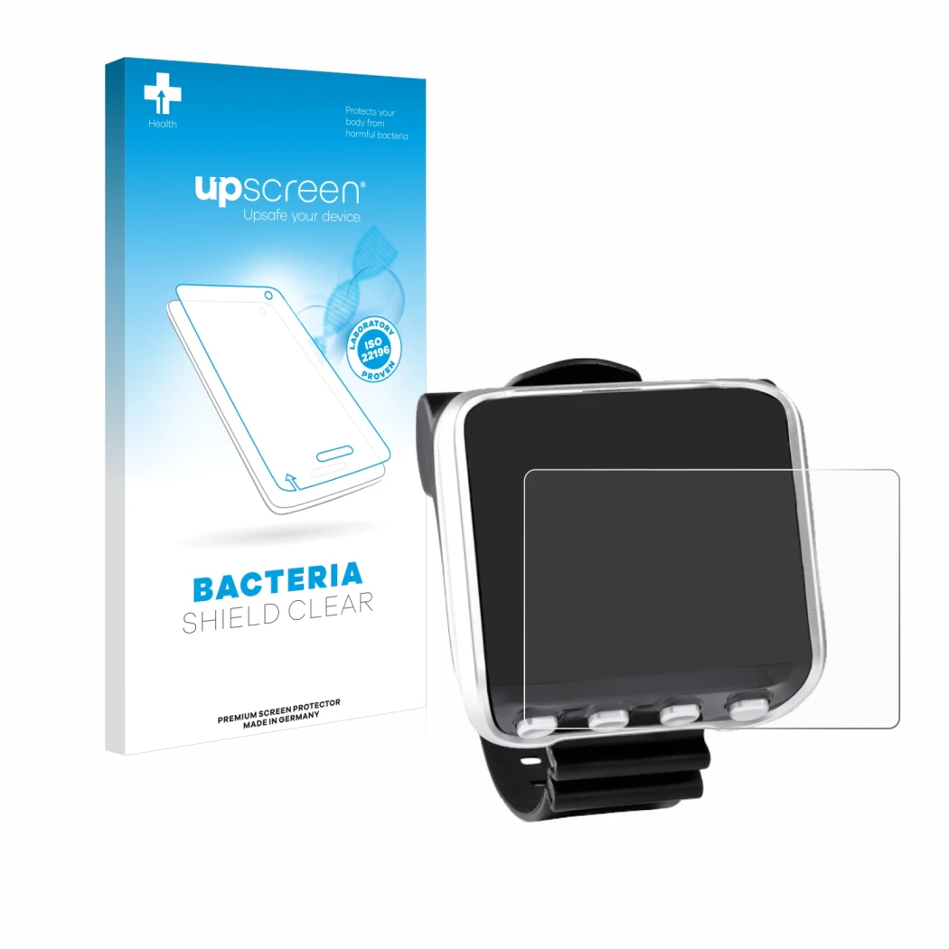 Parte frontal de un envase de producto con el logotipo de la marca upscreen. Al lado se muestra el dispositivo Mares Genius co