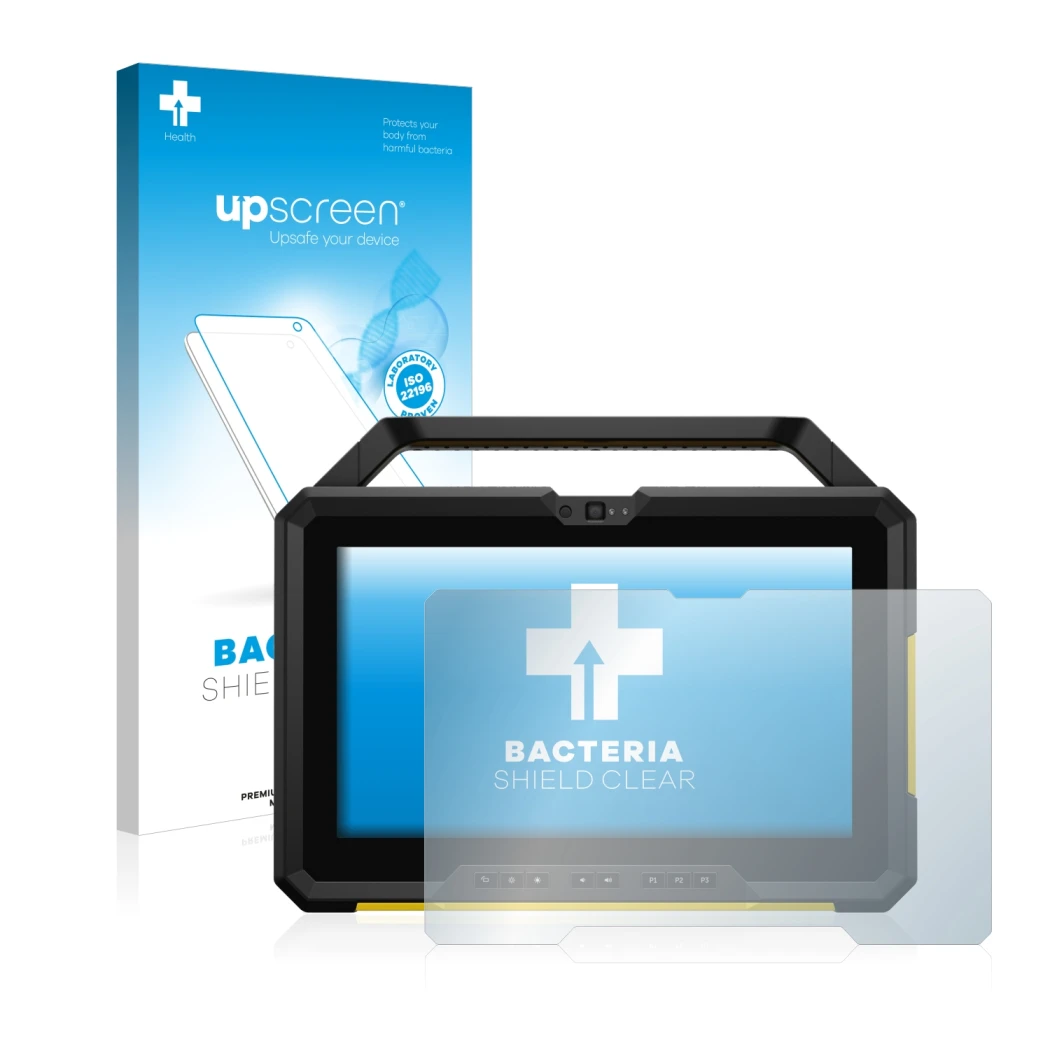 Parte frontal de un envase de producto con el logotipo de la marca upscreen. Al lado se muestra el dispositivo Dell Latitude 7