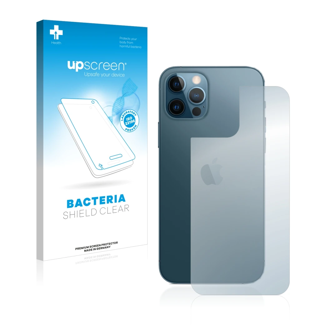 Parte frontal de un envase de producto con el logotipo de la marca upscreen. Al lado se muestra el dispositivo Apple iPhone 12