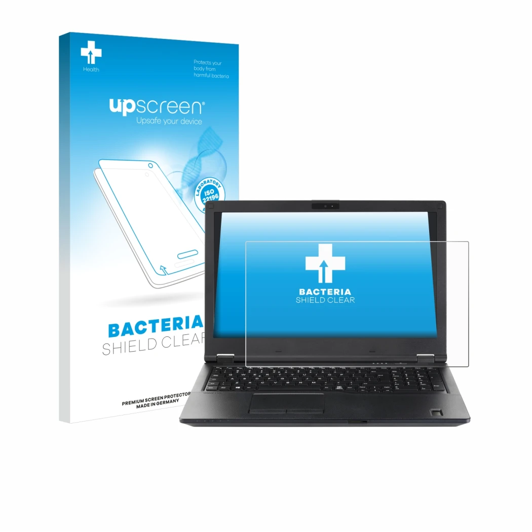 Parte frontal de un envase de producto con el logotipo de la marca upscreen. Al lado se muestra el dispositivo Fujitsu Lifeboo
