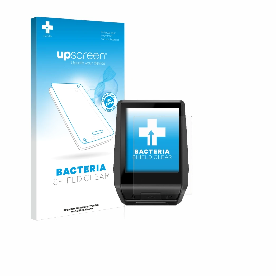 Parte frontal de un envase de producto con el logotipo de la marca upscreen. Al lado se muestra el dispositivo Bosch Nyon 2020