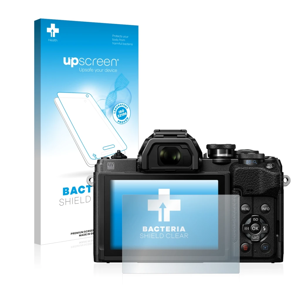 Parte frontal de un envase de producto con el logotipo de la marca upscreen. Al lado se muestra el dispositivo Olympus OM-D E-