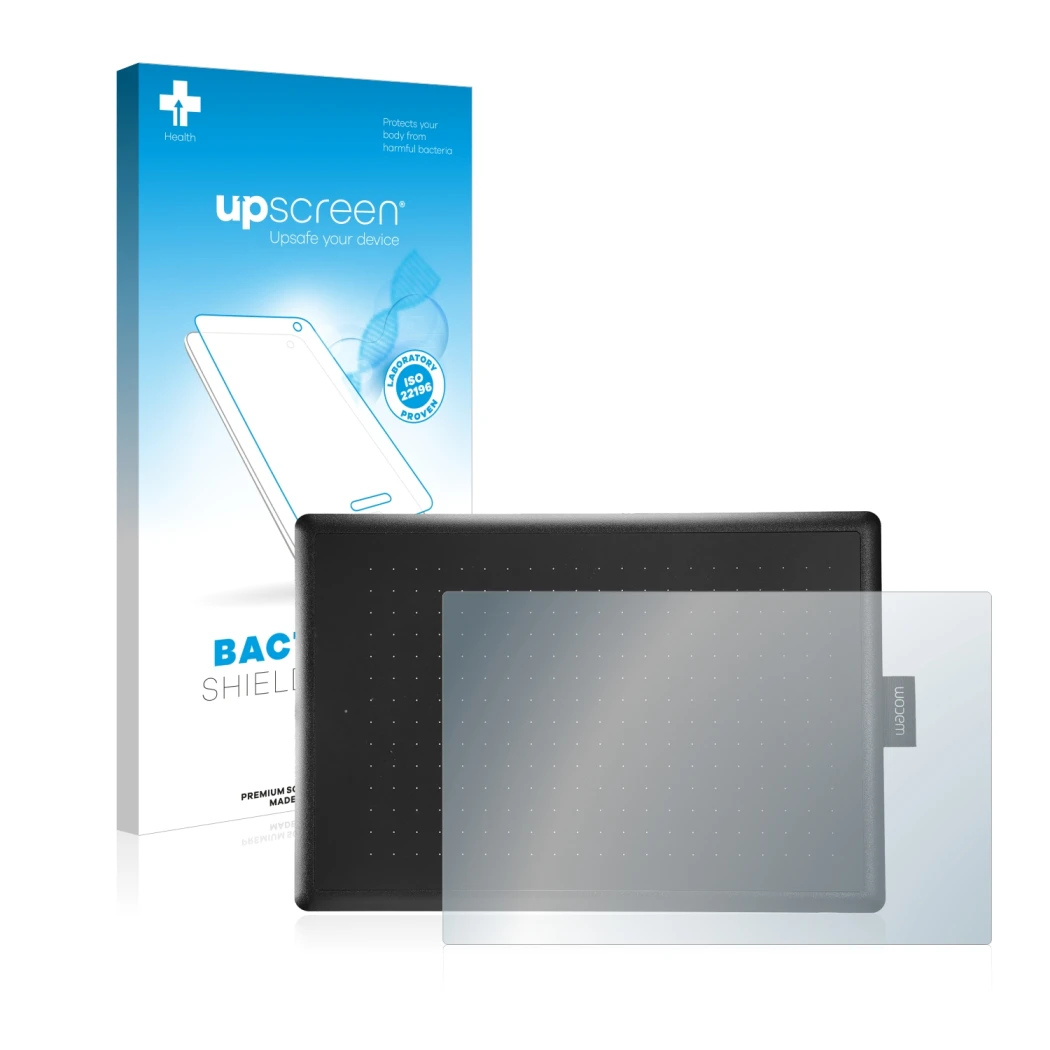 Parte frontal de un envase de producto con el logotipo de la marca upscreen. Al lado se muestra el dispositivo Wacom One Mediu