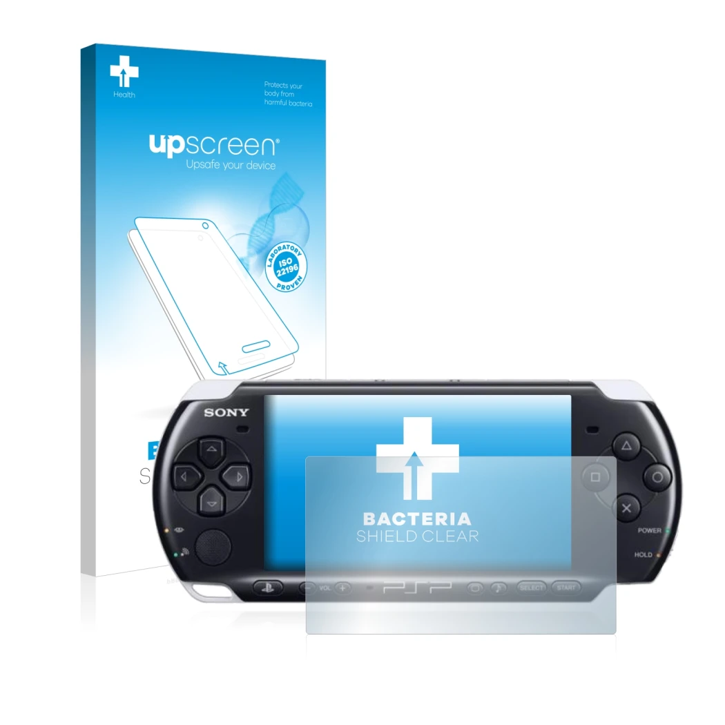 Parte frontal de un envase de producto con el logotipo de la marca upscreen. Al lado se muestra el dispositivo Sony PSP 3003 c