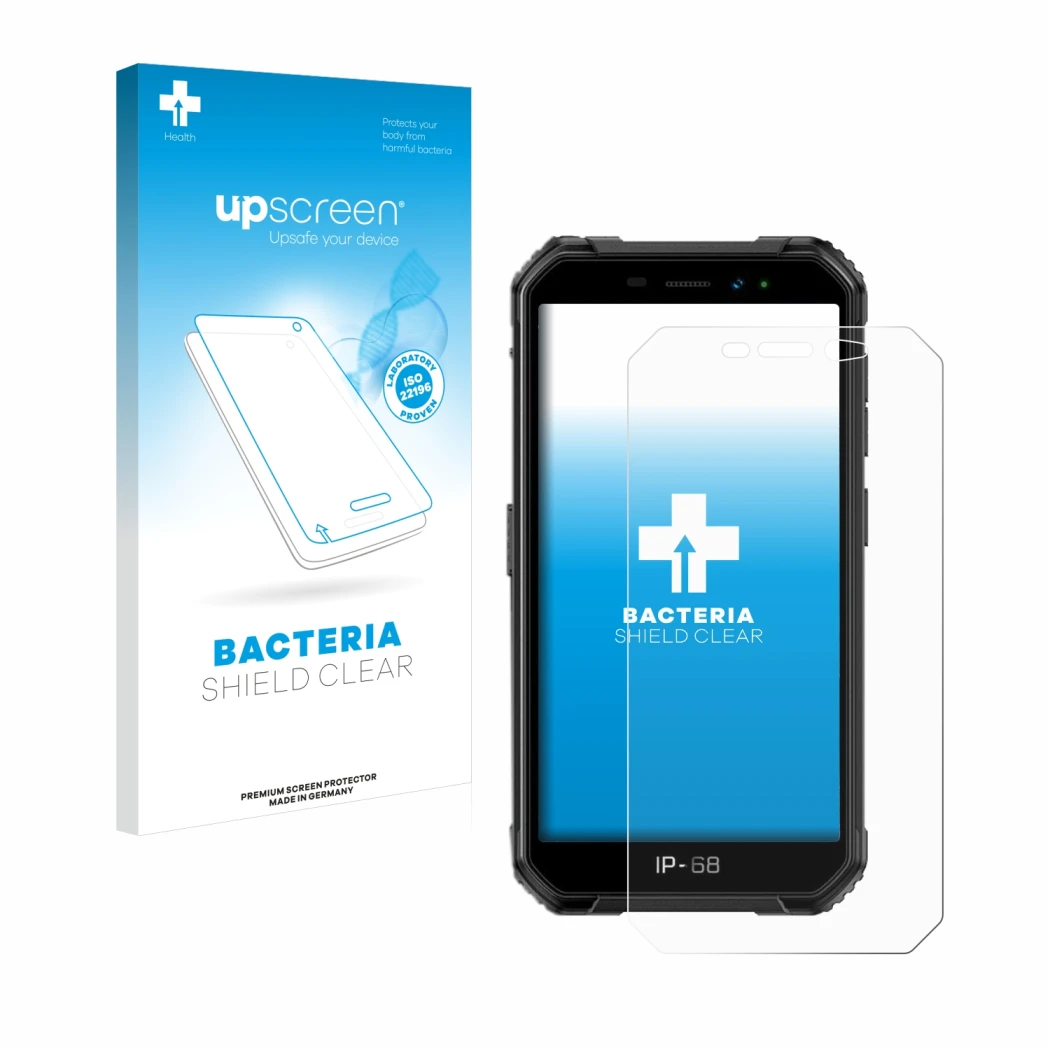 Parte frontal de un envase de producto con el logotipo de la marca upscreen. Al lado se muestra el dispositivo Ulefone Armor X
