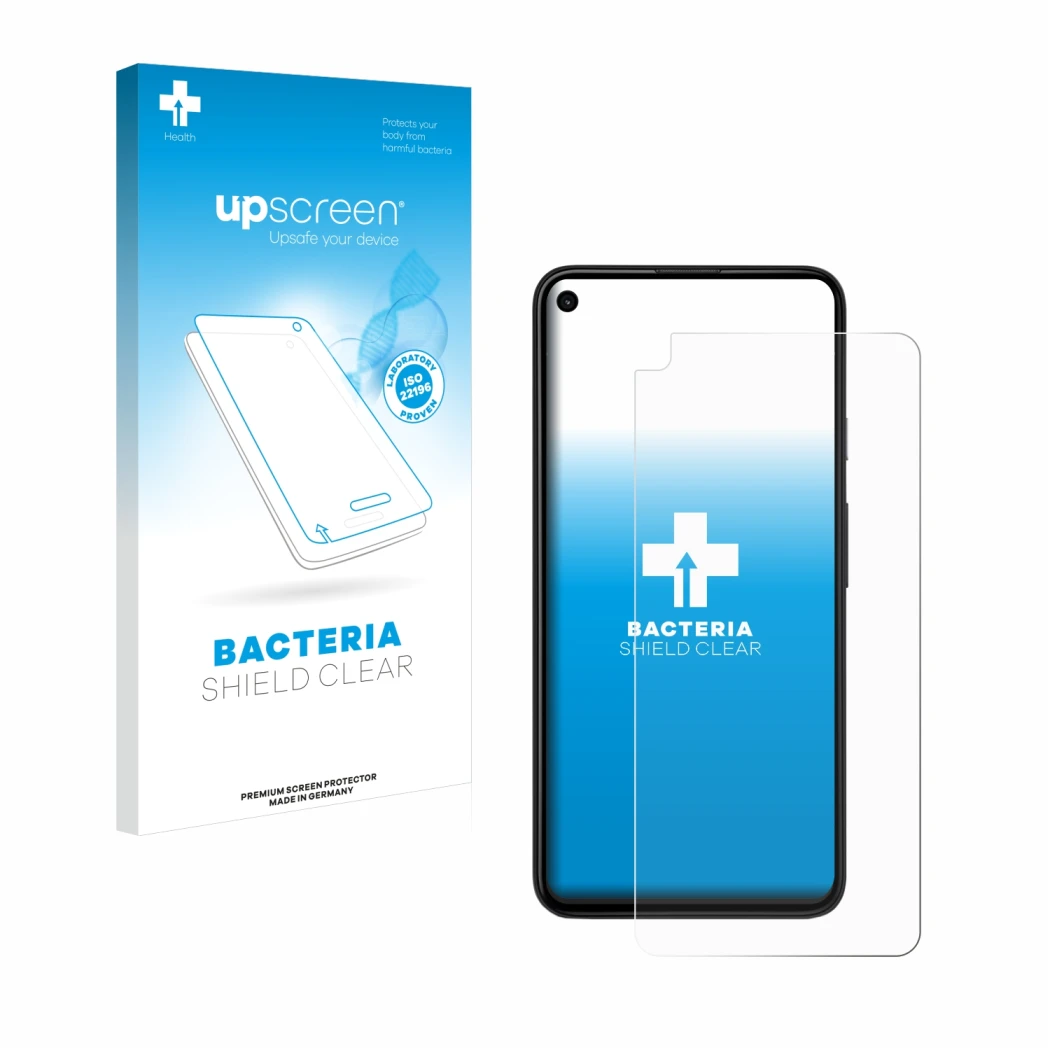 Parte frontal de un envase de producto con el logotipo de la marca upscreen. Al lado se muestra el dispositivo Google Pixel 4a