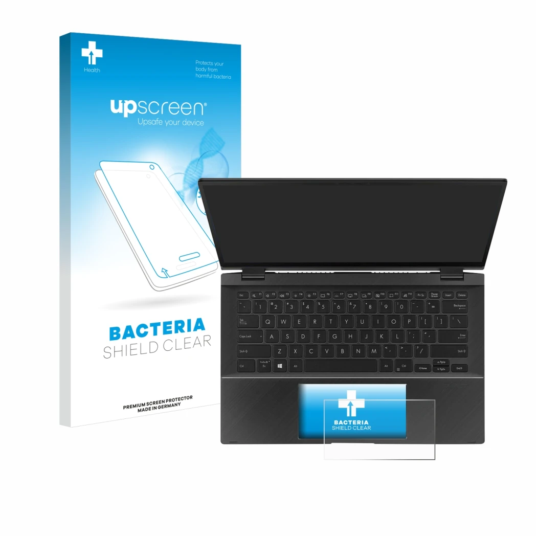 Parte frontal de un envase de producto con el logotipo de la marca upscreen. Al lado se muestra el dispositivo ASUS ZenBook Fl