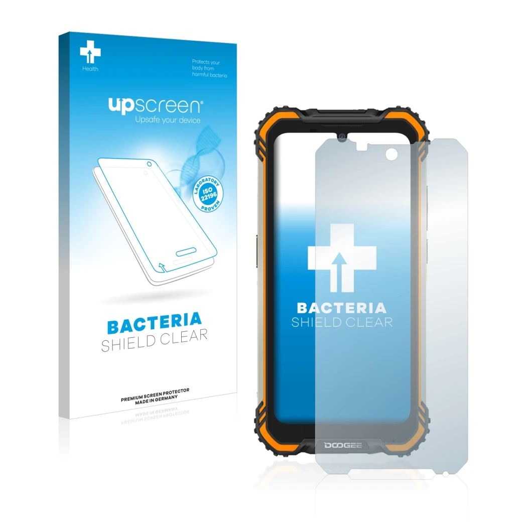 Parte frontal de un envase de producto con el logotipo de la marca upscreen. Al lado se muestra el dispositivo Doogee S58 Pro