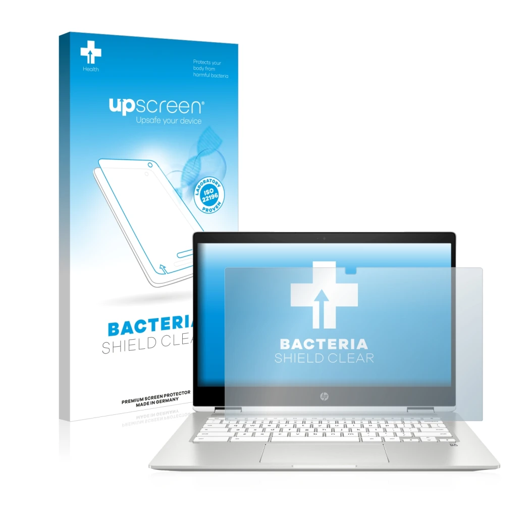 Parte frontal de un envase de producto con el logotipo de la marca upscreen. Al lado se muestra el dispositivo HP Chromebook x