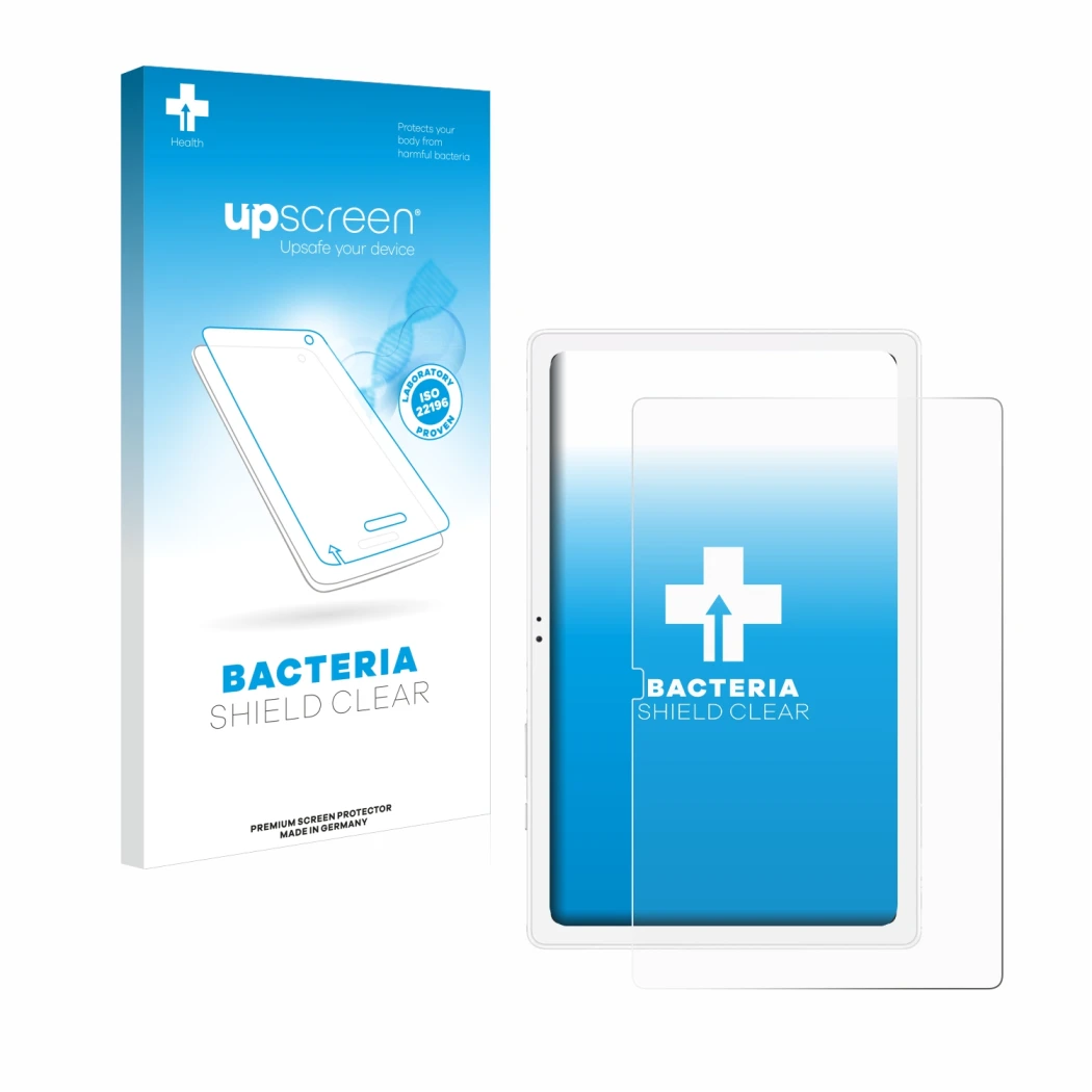 Parte frontal de un envase de producto con el logotipo de la marca upscreen. Al lado se muestra el dispositivo Samsung Galaxy