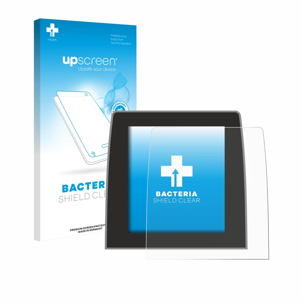 Parte frontal de un envase de producto con el logotipo de la marca upscreen. Al lado se muestra el dispositivo Renault Captur 