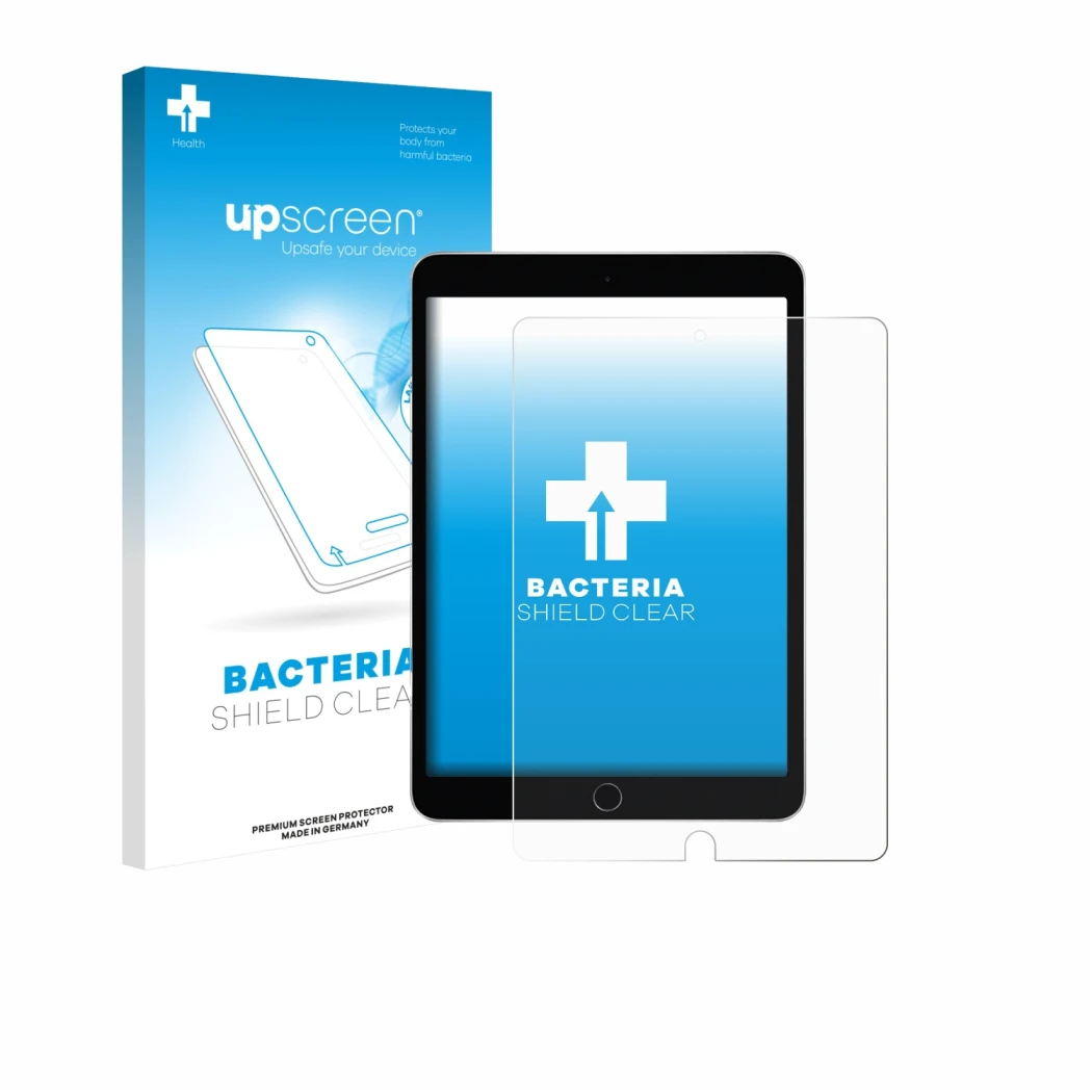 Parte frontal de un envase de producto con el logotipo de la marca upscreen. Al lado se muestra el dispositivo Apple iPad 10.2