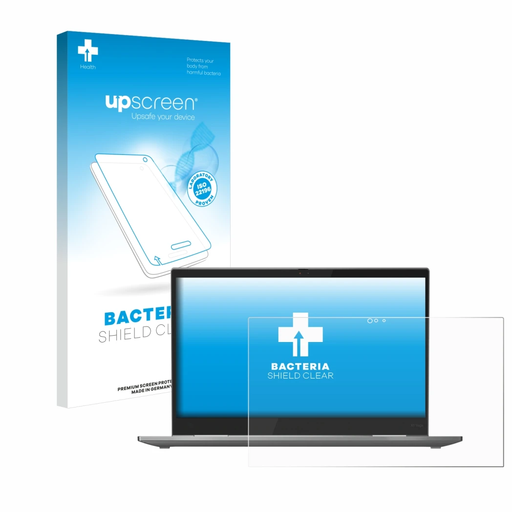 Parte frontal de un envase de producto con el logotipo de la marca upscreen. Al lado se muestra el dispositivo Lenovo ThinkPad