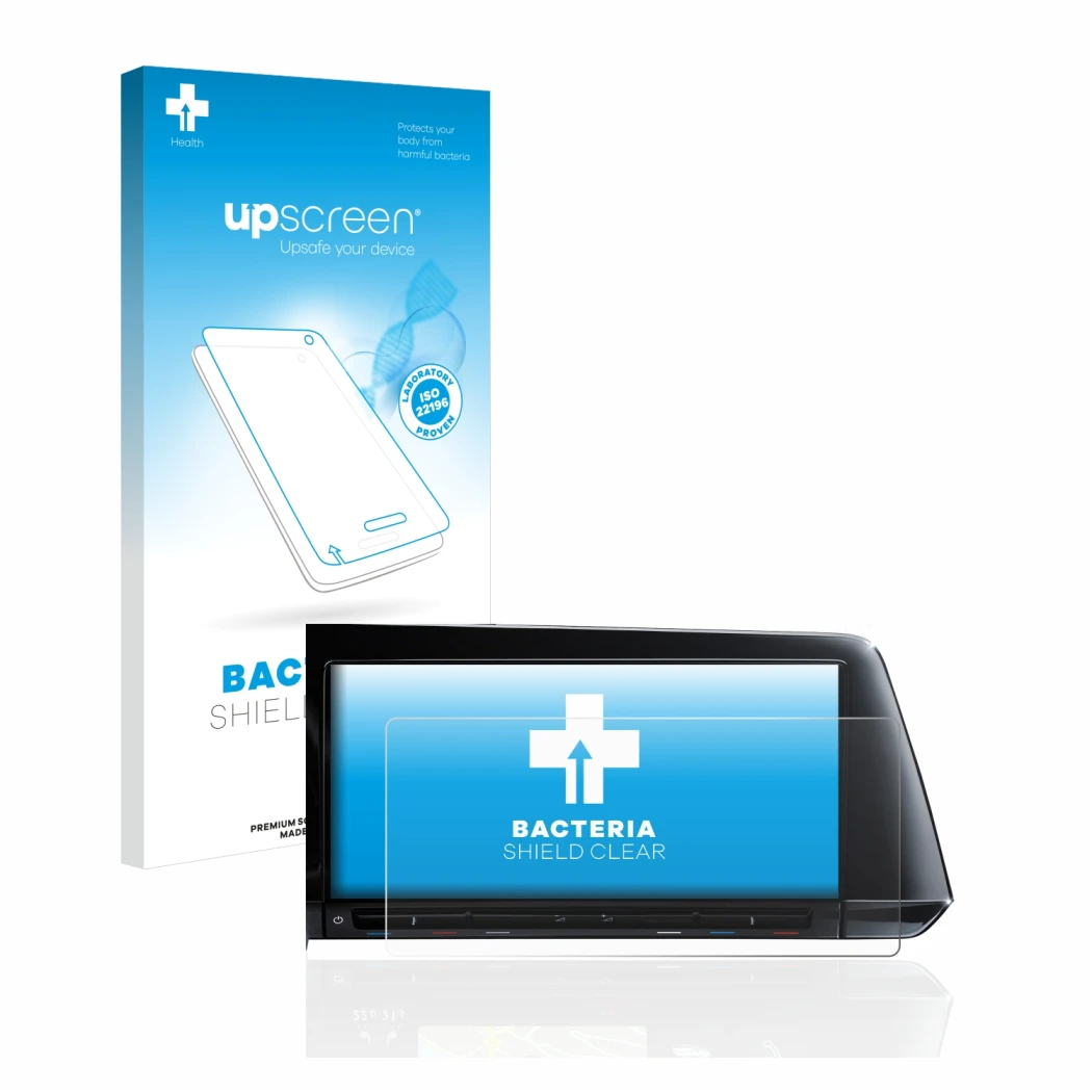 Parte frontal de un envase de producto con el logotipo de la marca upscreen. Al lado se muestra el dispositivo Volkswagen Golf