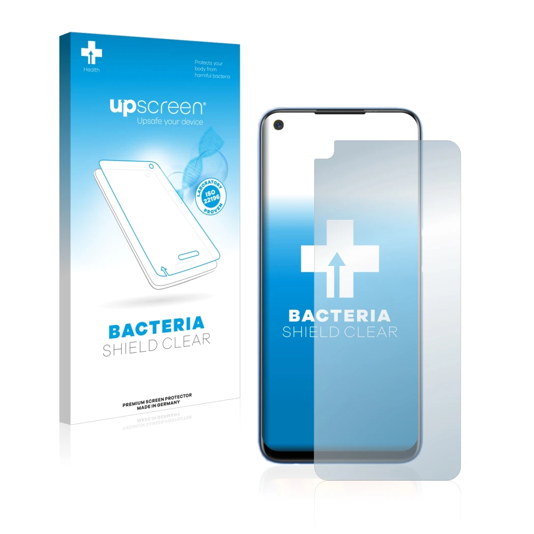 Parte frontal de un envase de producto con el logotipo de la marca upscreen. Al lado se muestra el dispositivo realme 7 con su