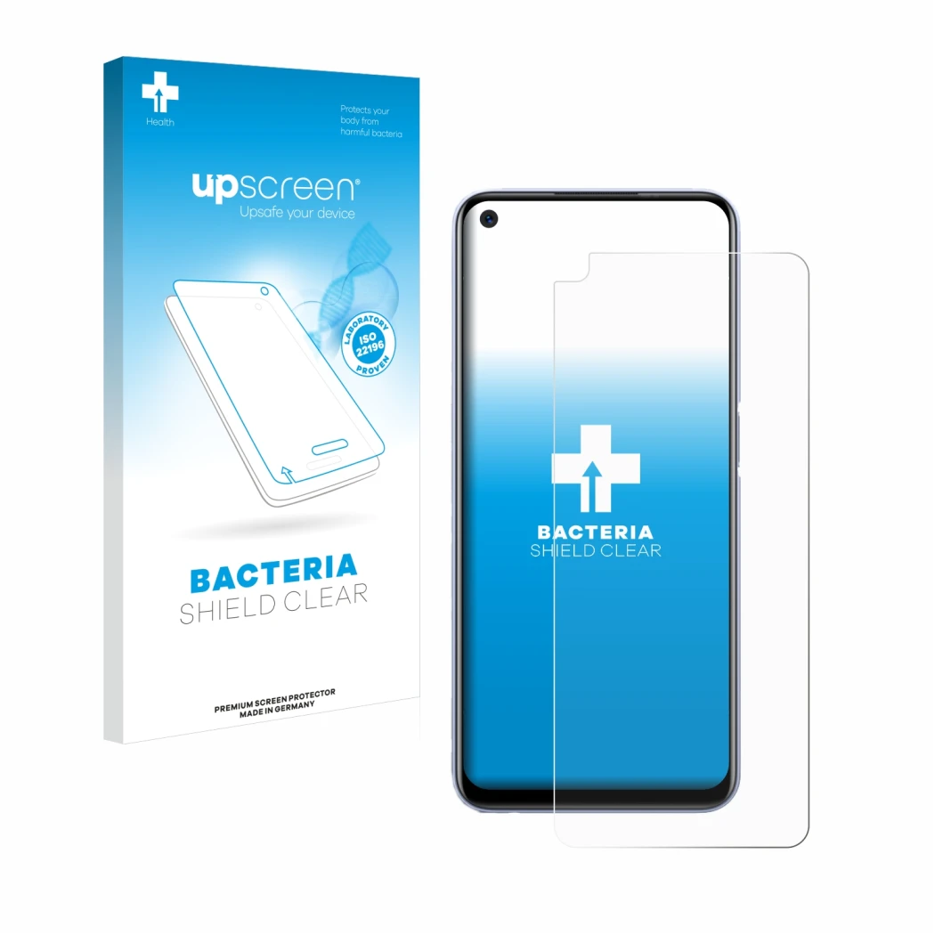 Parte frontal de un envase de producto con el logotipo de la marca upscreen. Al lado se muestra el dispositivo realme Q2 con s