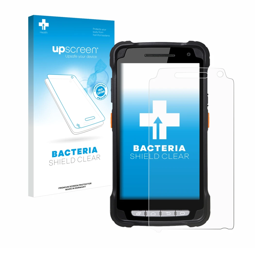 Parte frontal de un envase de producto con el logotipo de la marca upscreen. Al lado se muestra el dispositivo Point Mobile PM