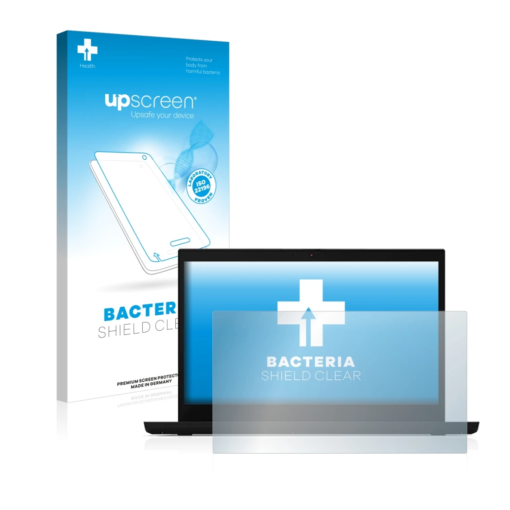 Parte frontal de un envase de producto con el logotipo de la marca upscreen. Al lado se muestra el dispositivo Lenovo ThinkPad