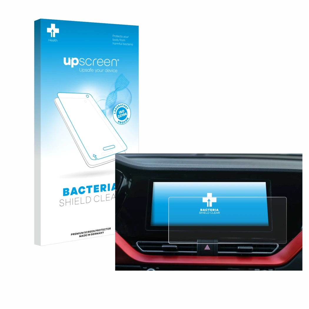 Parte frontal de un envase de producto con el logotipo de la marca upscreen. Al lado se muestra el dispositivo Kia E-Niro 2020