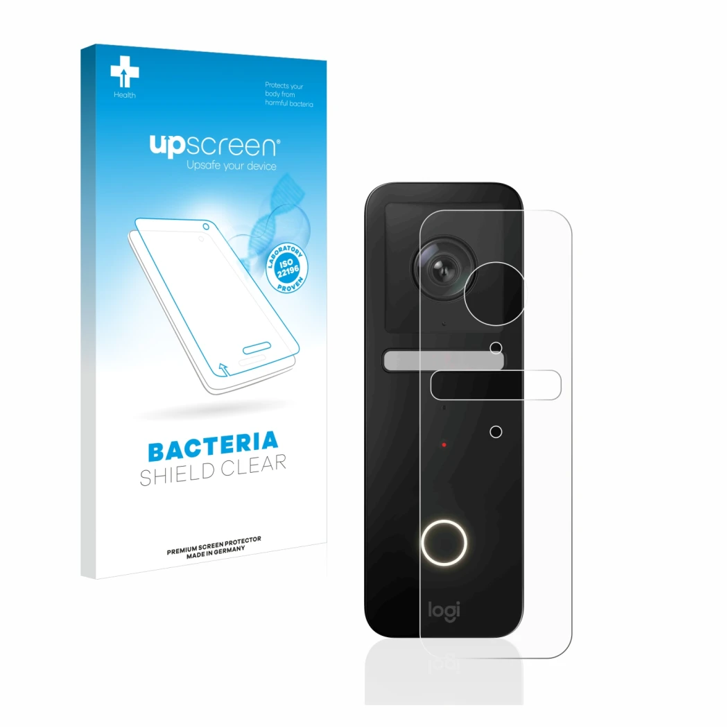 Parte frontal de un envase de producto con el logotipo de la marca upscreen. Al lado se muestra el dispositivo Logitech Circle