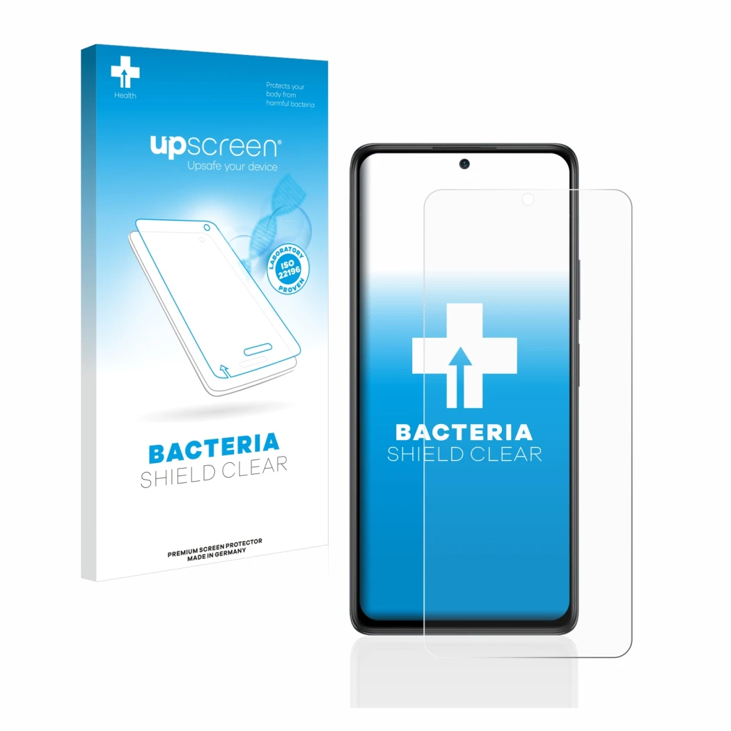 Parte frontal de un envase de producto con el logotipo de la marca upscreen. Al lado se muestra el dispositivo Xiaomi Redmi No