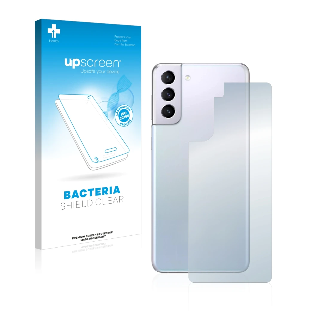 Parte frontal de un envase de producto con el logotipo de la marca upscreen. Al lado se muestra el dispositivo Samsung Galaxy 