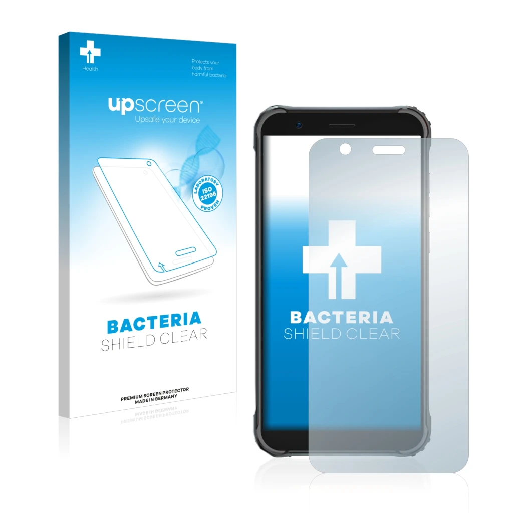 Parte frontal de un envase de producto con el logotipo de la marca upscreen. Al lado se muestra el dispositivo Blackview BV490