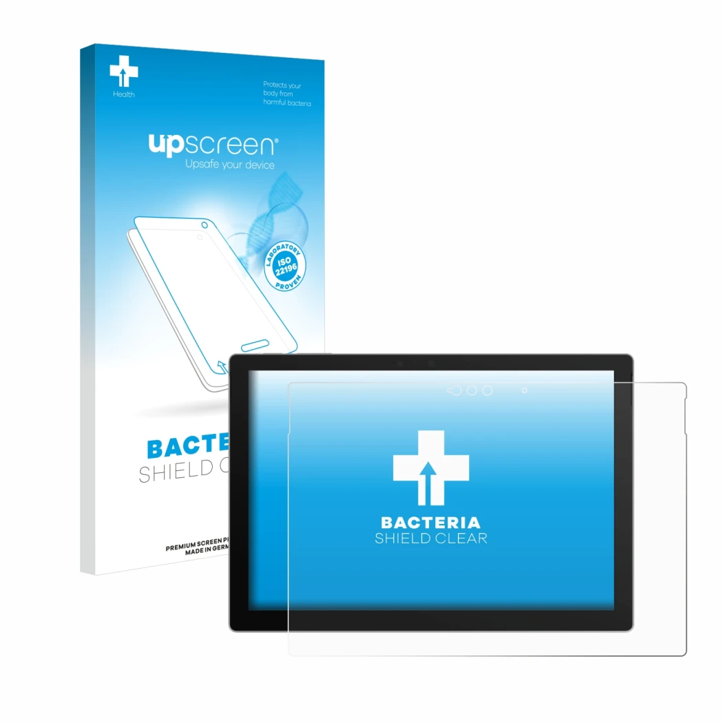 Parte frontal de un envase de producto con el logotipo de la marca upscreen. Al lado se muestra el dispositivo Microsoft Surfa