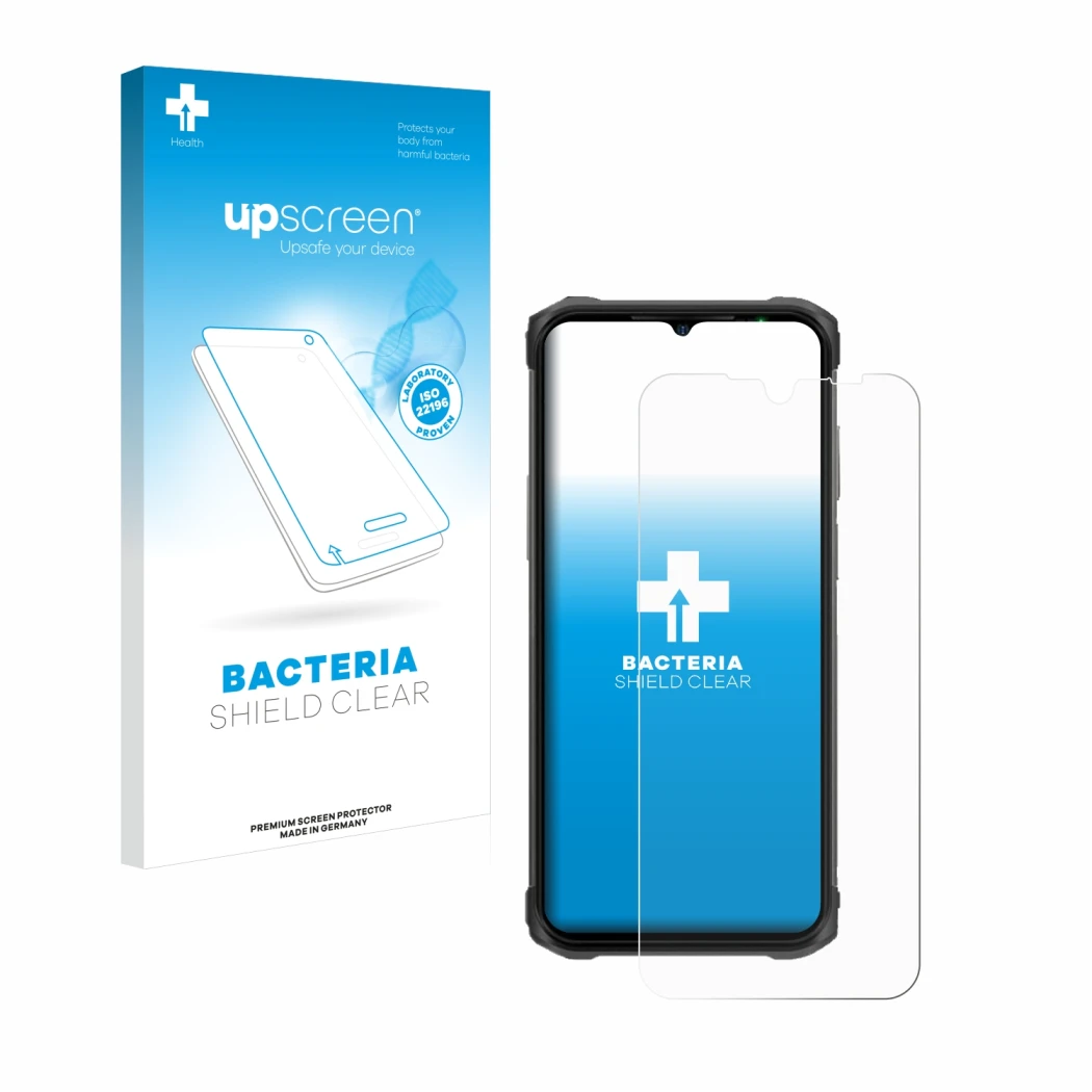 Parte frontal de un envase de producto con el logotipo de la marca upscreen. Al lado se muestra el dispositivo Ulefone Armor 1