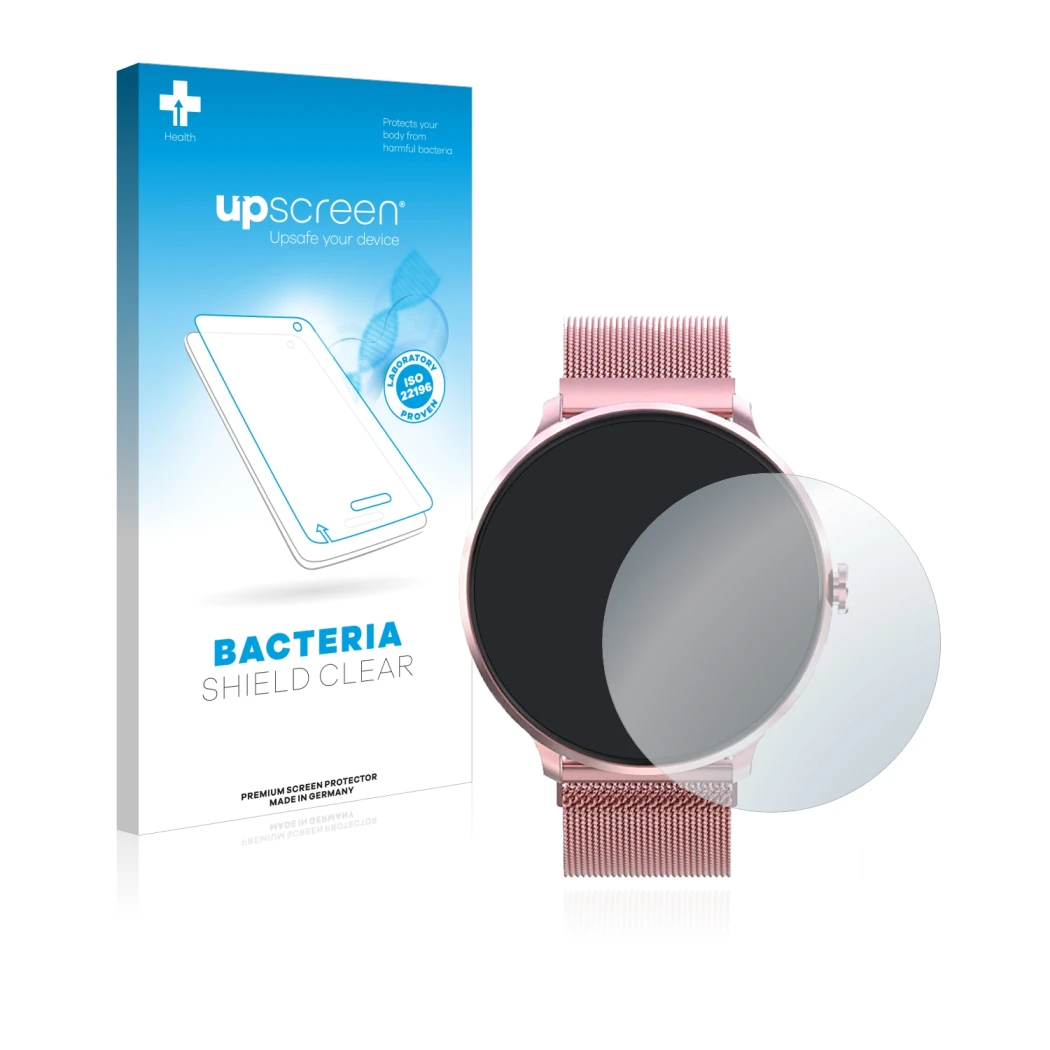 Parte frontal de un envase de producto con el logotipo de la marca upscreen. Al lado se muestra el dispositivo Bebinca Smartwa