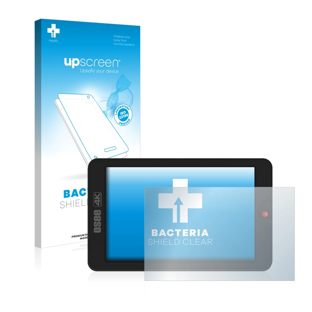 Parte frontal de un envase de producto con el logotipo de la marca upscreen. Al lado se muestra el dispositivo Osee G7 con su