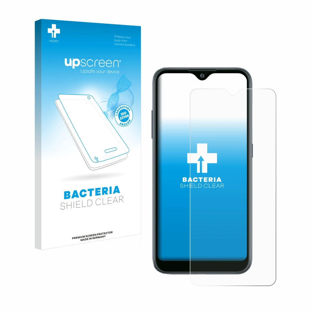 Parte frontal de un envase de producto con el logotipo de la marca upscreen. Al lado se muestra el dispositivo Samsung Galaxy