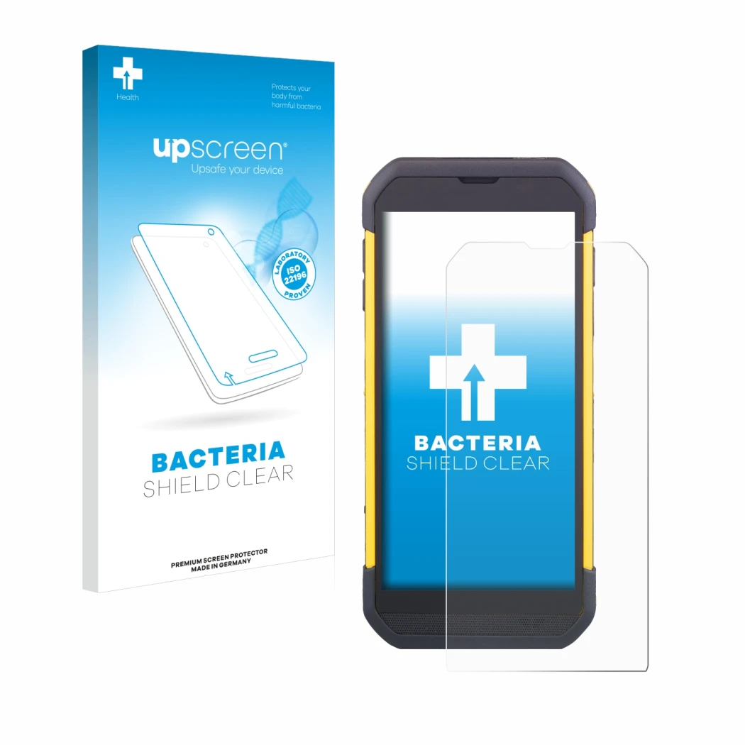 Parte frontal de un envase de producto con el logotipo de la marca upscreen. Al lado se muestra el dispositivo Cipherlab RS35