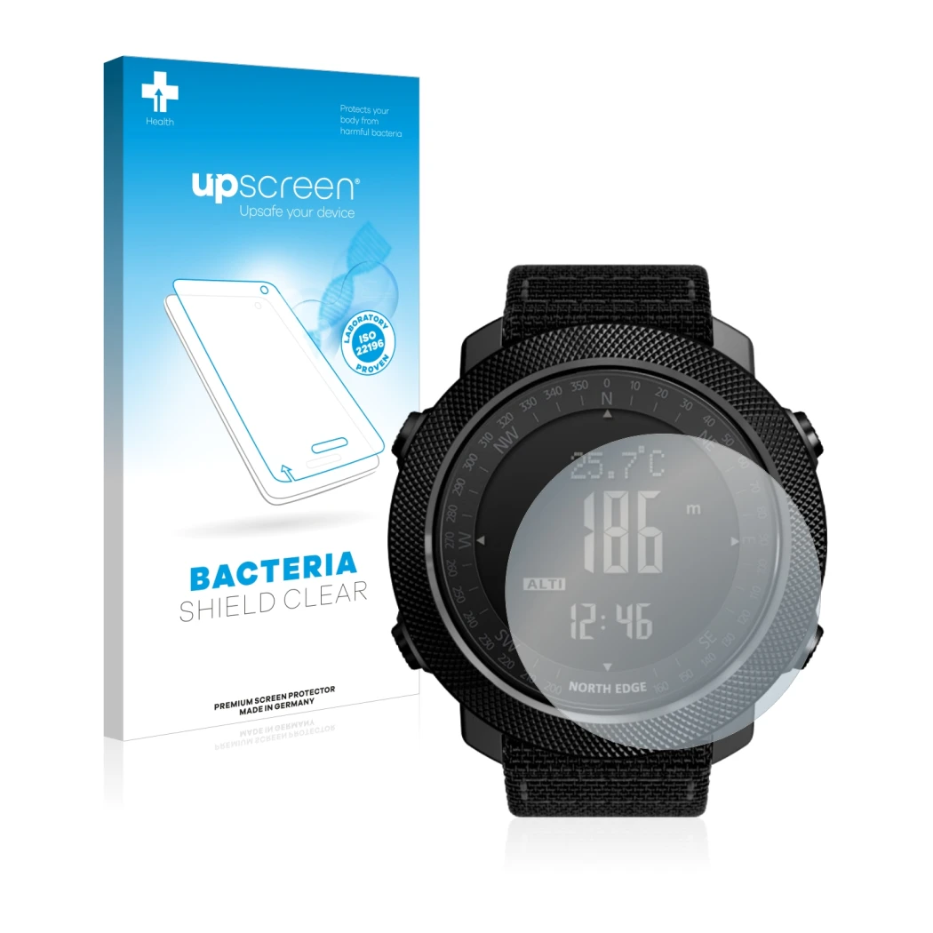 Parte frontal de un envase de producto con el logotipo de la marca upscreen. Al lado se muestra el dispositivo North Edge Apac