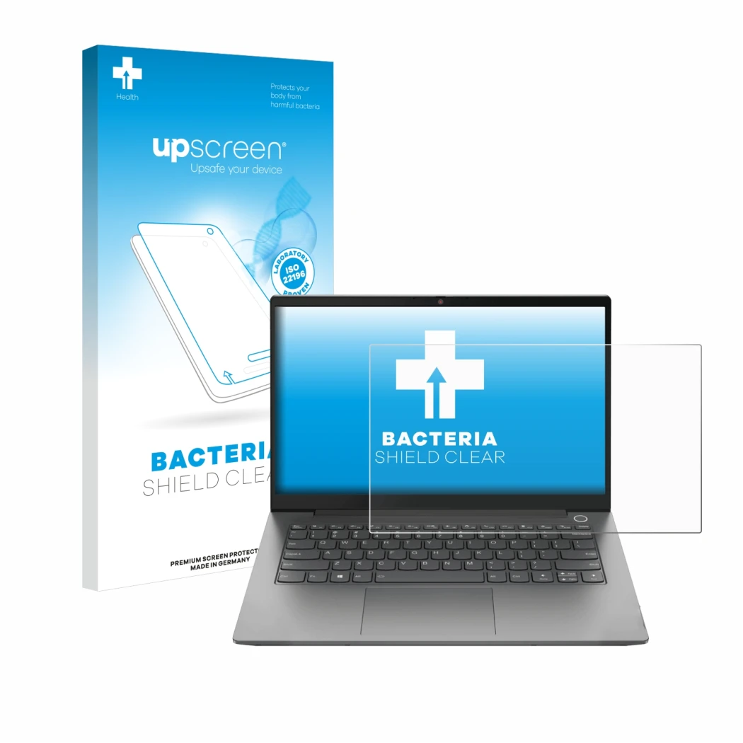 Parte frontal de un envase de producto con el logotipo de la marca upscreen. Al lado se muestra el dispositivo Lenovo ThinkPad