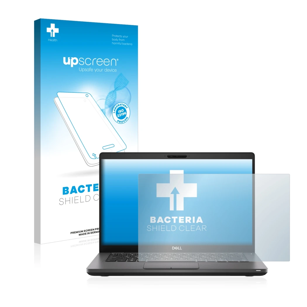 Parte frontal de un envase de producto con el logotipo de la marca upscreen. Al lado se muestra el dispositivo Dell Latitude 5